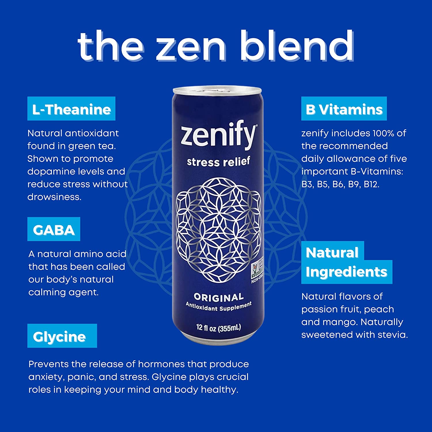 Zenify Original All Natural Sparkling Calming Stress Relief Beverage， Formula with L-Theanine， GABA， Vitamin B6， and Glycine， Non-GMO， Gluten-Free， Vegan， 12 Fl Oz， Pack of 12， (2010056) - Image 6